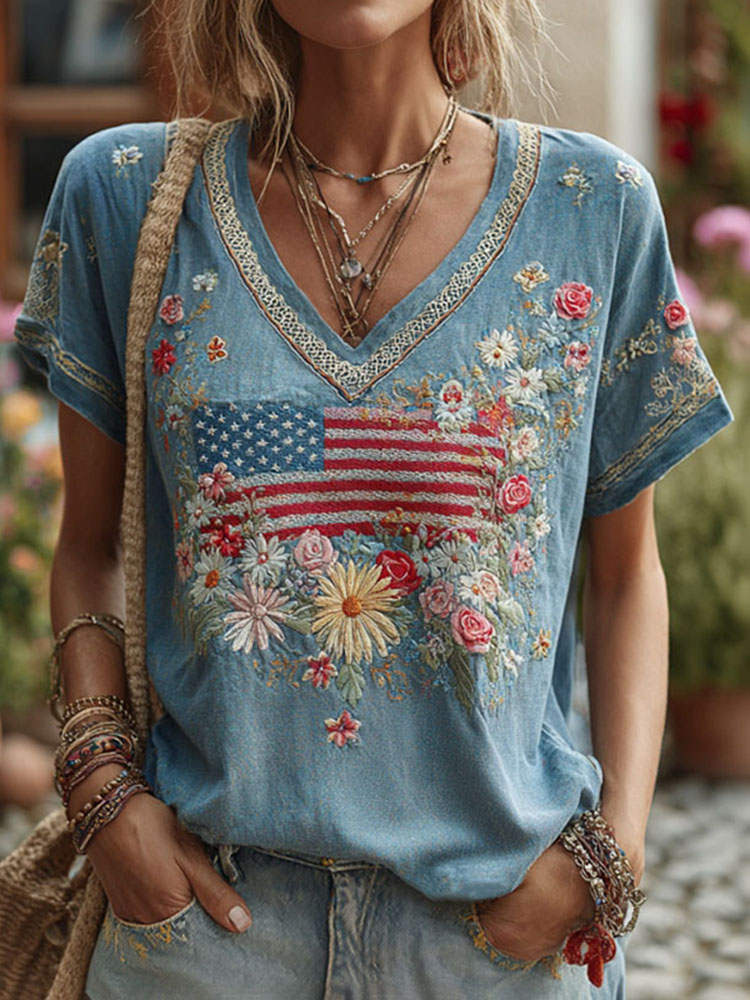 Women's Retro Independence Day Flag Floral Embroidery Cotton Linen T-shirt