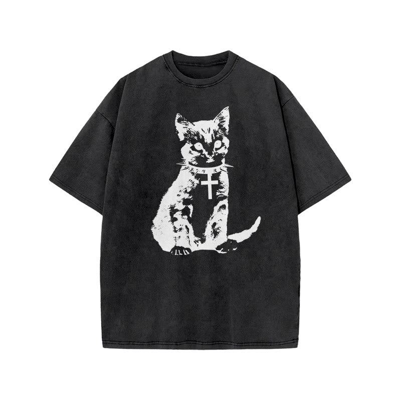 Cat With A Cross Collar Print Acid Washed T-shirt