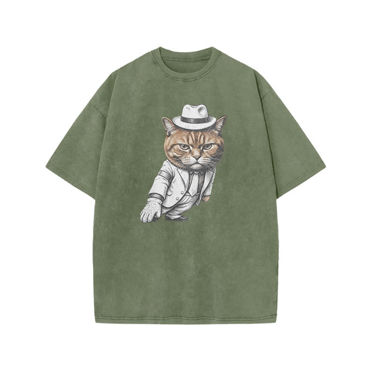 Vintage Gentleman Cat Graphic Print Acid Washed T-shirt