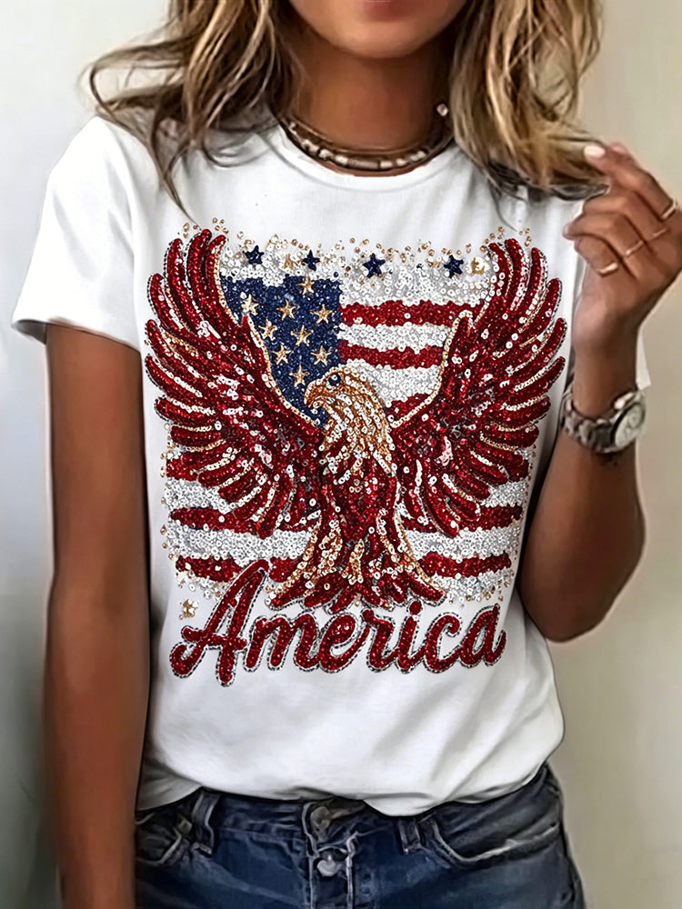 Women's Vintage Independence Day Eagle Theme Pattern Casual T-shirt