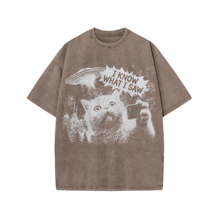 Sci Fi UFO Cat Graphic Washed T-Shirt