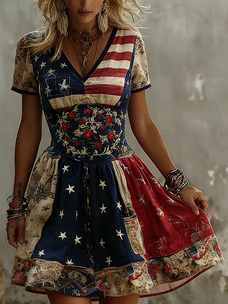 Women's Vintage Floral Flag Art Print Mini Dress