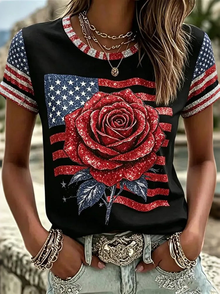 Women's Retro Flag And Rose Pattern Casual T-shirt