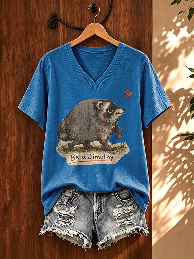 V-Neck Retro Jimothy Raccoon Be A Jimothy Print T-Shirt