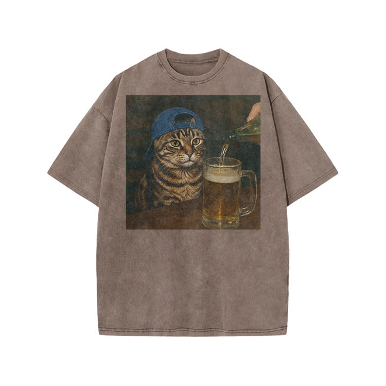 Vintage Beer Cat Graphic Print Acid Washed T-shirt