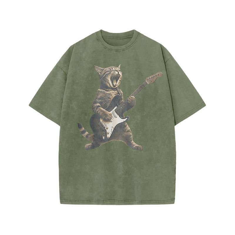 Unisex Rock Cat Playing Guitar Print Acid Washed T-shirt