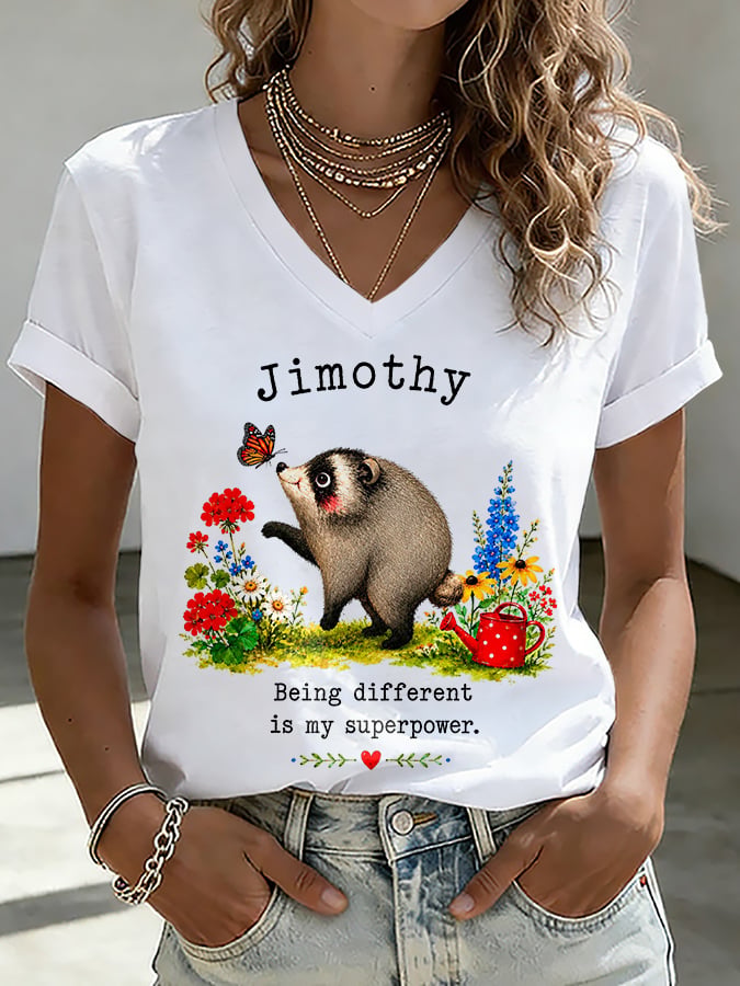 V-Neck Retro Jimothy Raccoon Being Different Is My Superpower Print T-Shirt