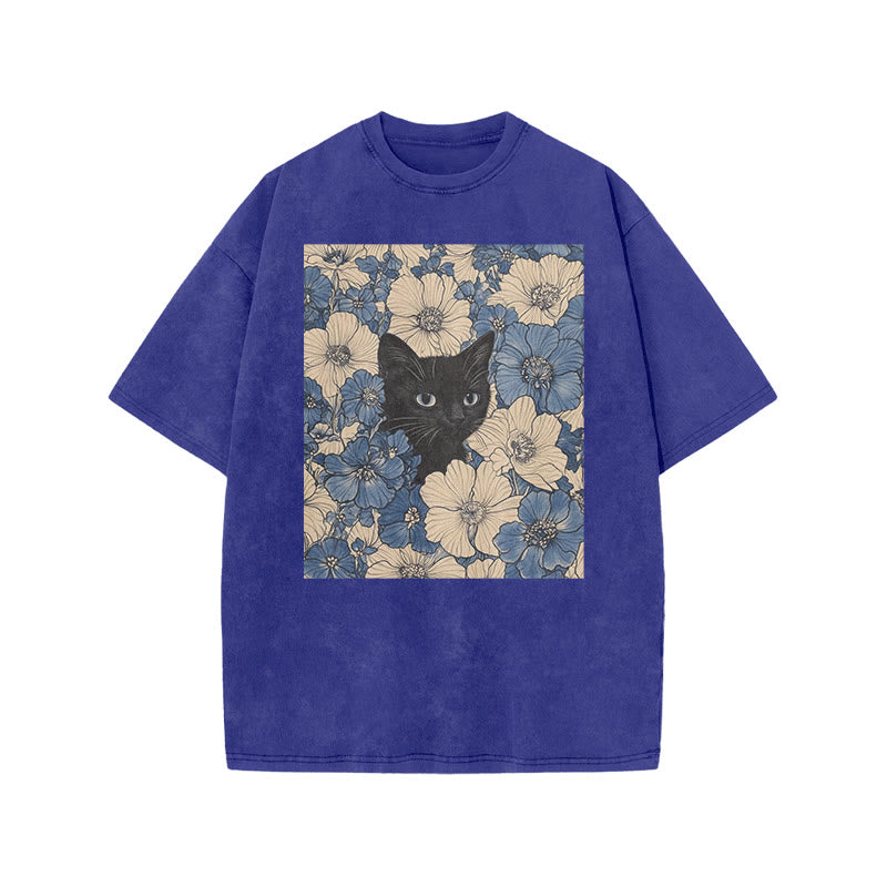 Black Cat In A Patchwork Flower Field Front Print Acid Washed T-shirt