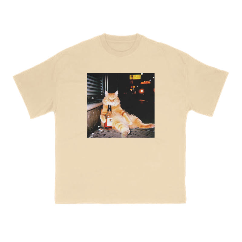 Orange Cat Sipping Beer Print T-shirt