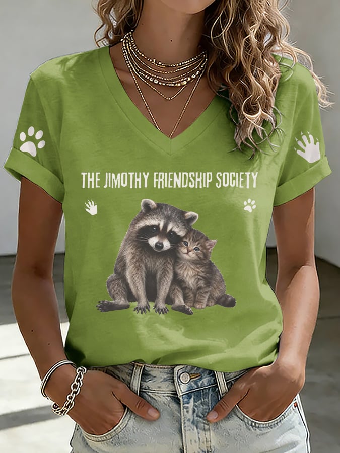V-Neck Retro The Jimothy Friendship Society Print T-Shirt