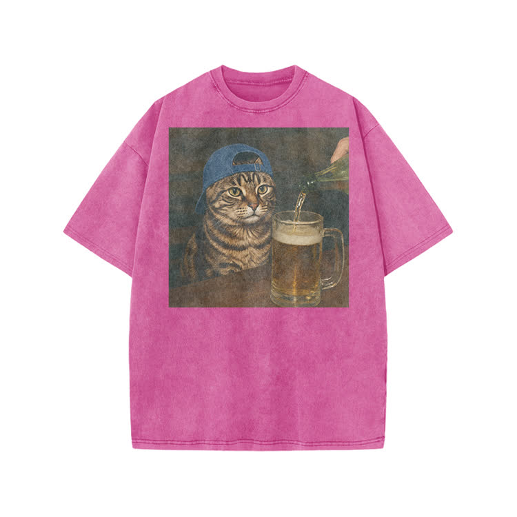 Vintage Beer Cat Graphic Print Acid Washed T-shirt