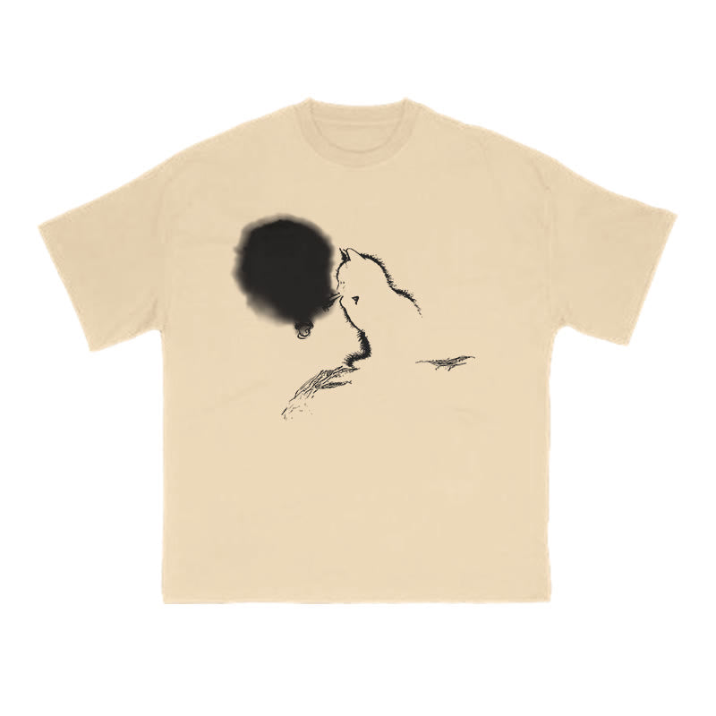 Smoking Cat Full Moon Silhouette Print T-shirt