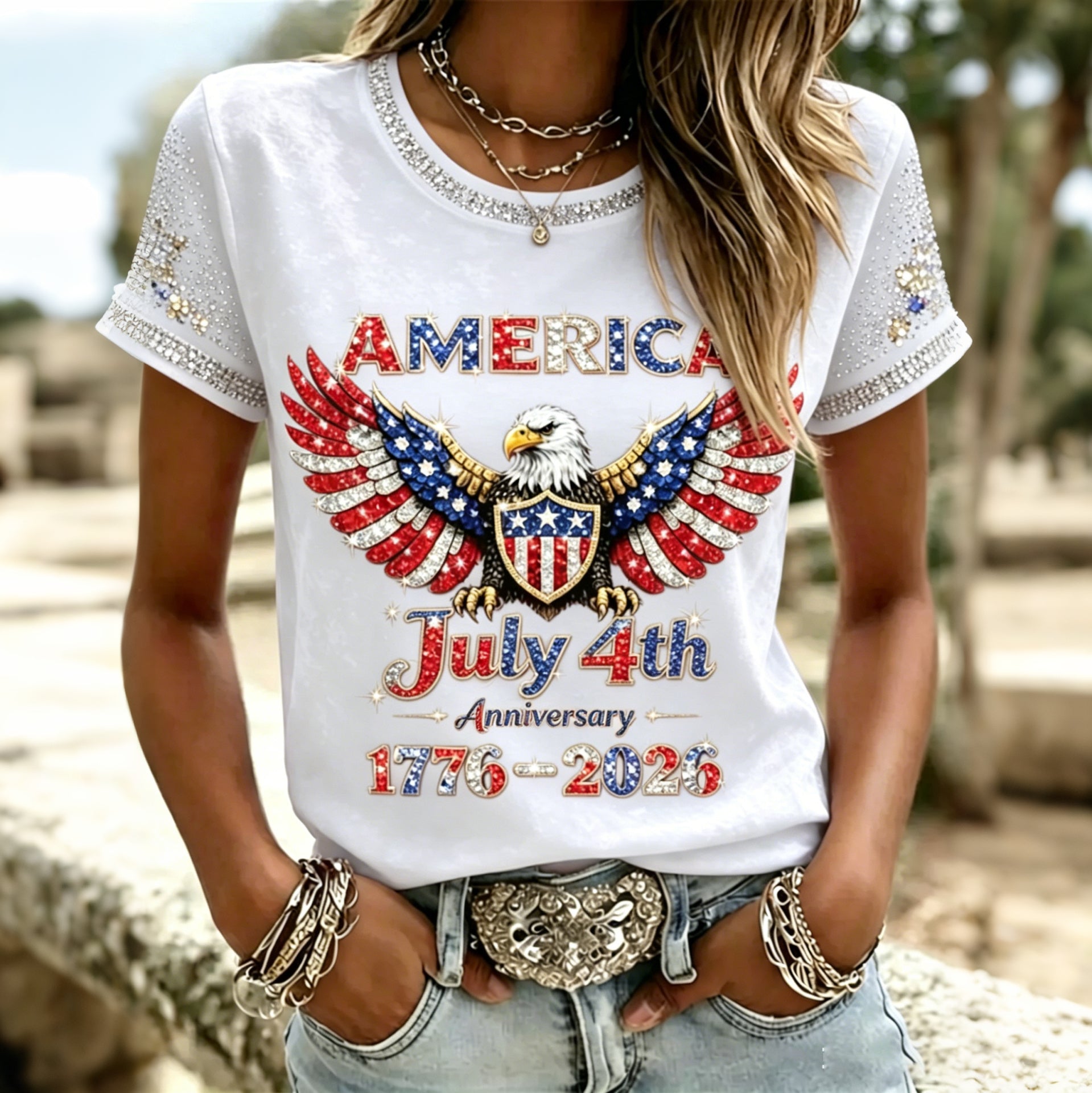Women's American Anniversary Hot Drill Design T-shirt