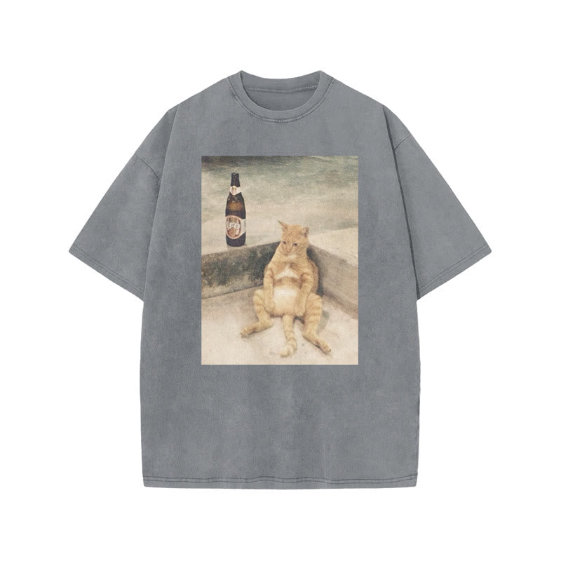 Lazy Cat & Beer Print Acid Washed T-shirt