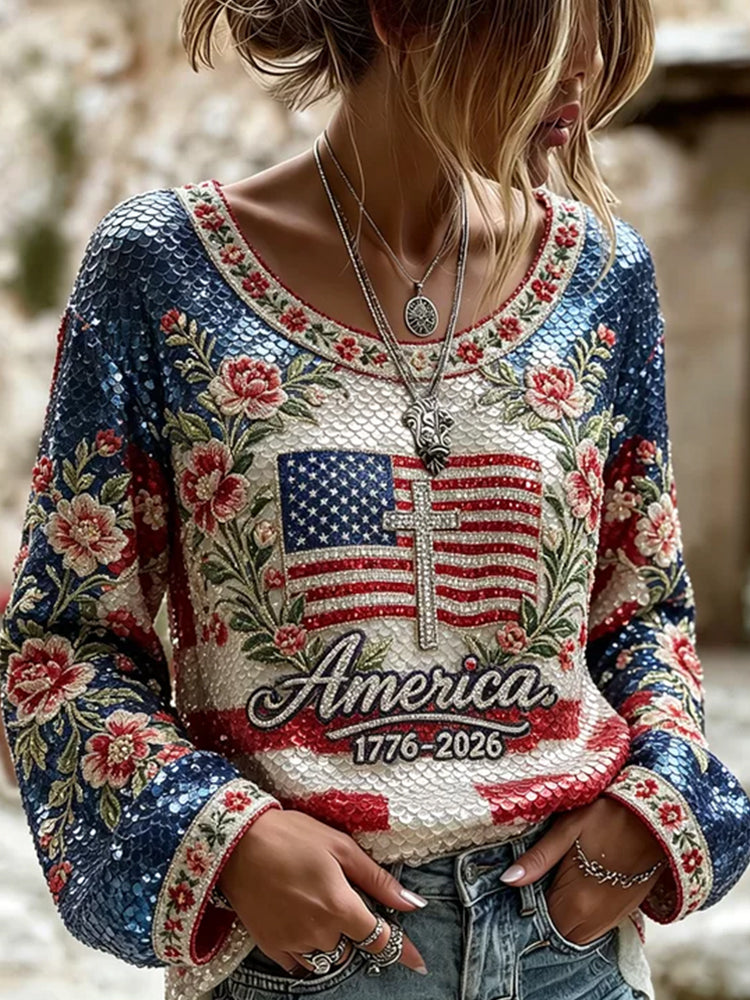 Women's Retro Independence Day Flag And Floral Art Color Block Casual V-neck Top