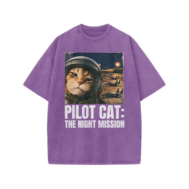 Retro Night Mission Pilot Cat Graphic Print Acid Washed T-shirt