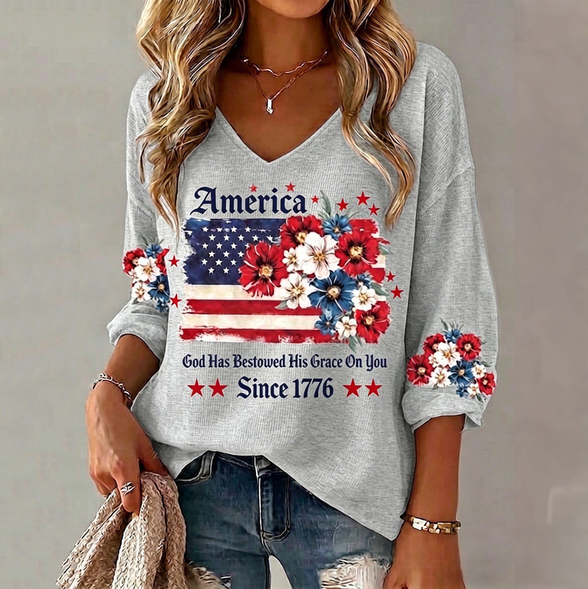 Women's Anniversary National Flag Floral Print Waffle Long Sleeve T-shirt