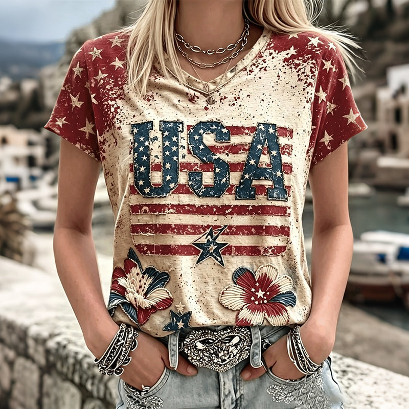 Women's Vintage Independence Day Flag Flower Print V-neck Short Sleeve T-shirt