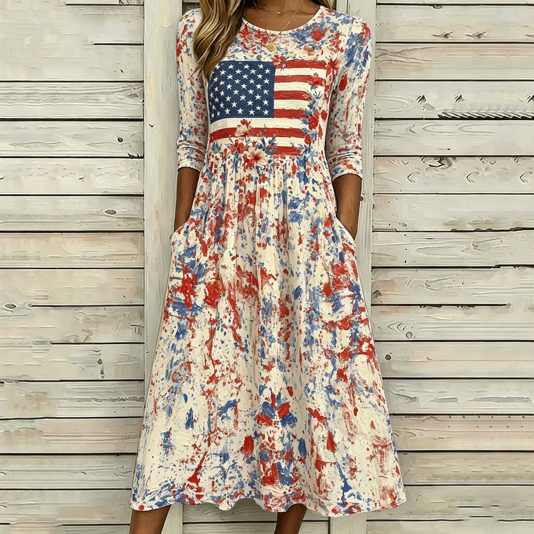 Women's American Anniversary Oil Painting Design Print Dress