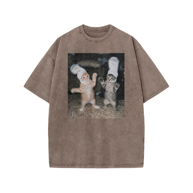 Vintage Photo Cute Twin Cat Graphic Print Acid Washed T-Shirt