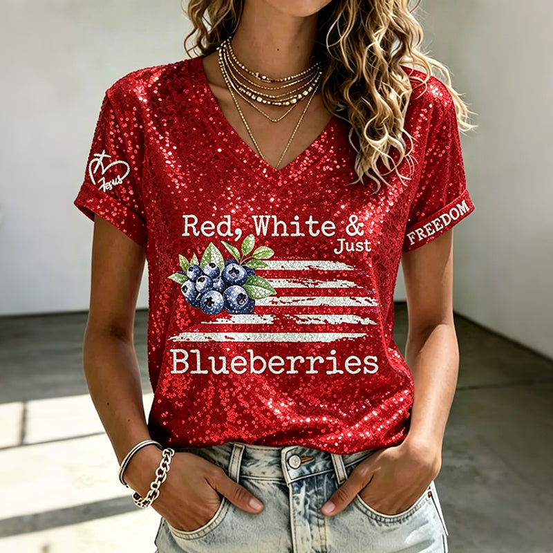 V-neck Retro Independence Day Red, White & Blueberries Freedom Jesus Print T-shirt