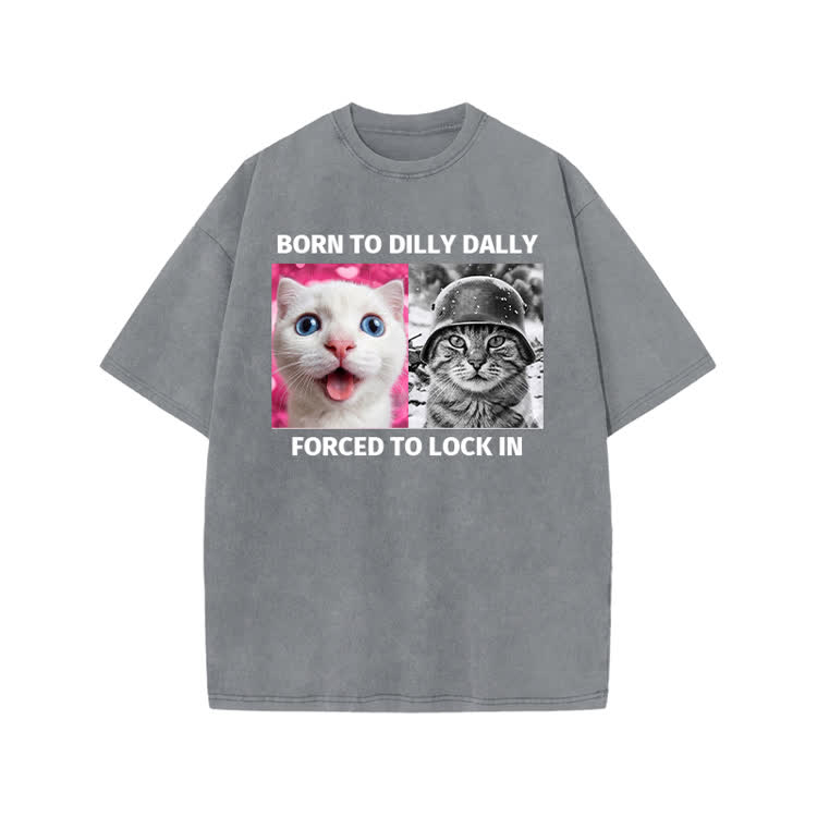 Retro Lock In Cat Photo Graphic Print Acid Washed T-shirt