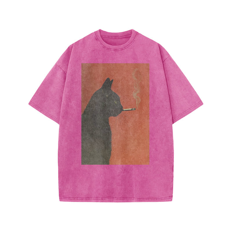 Cool Smoking Black Cat Print Acid Washed T-shirt