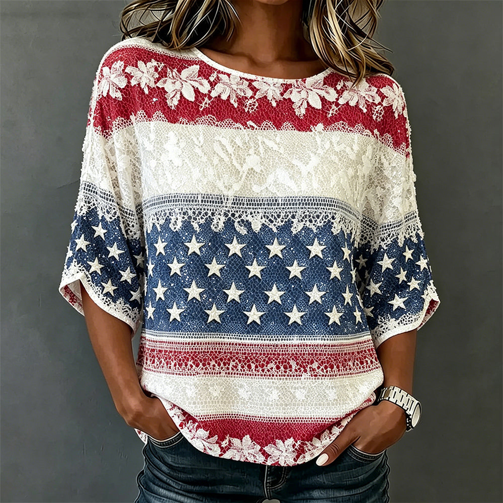 Vintage American Flag Inspired Floral Lace Linen T Shirt
