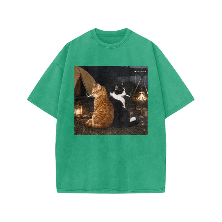 Vintage Camping Cats Graphic Print Acid Washed T-shirt