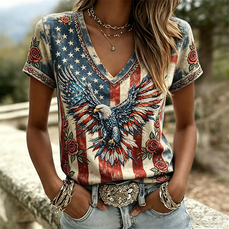 American Eagle & Roses Flag Inspired Washed T Shirt
