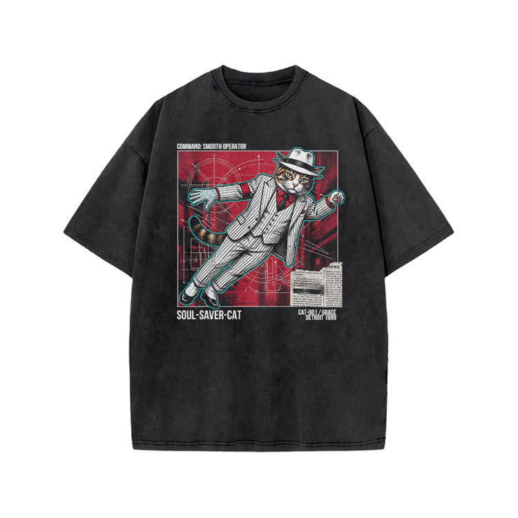 Vintage Soul Saver Cat Graphic Print Acid Washed T-shirt