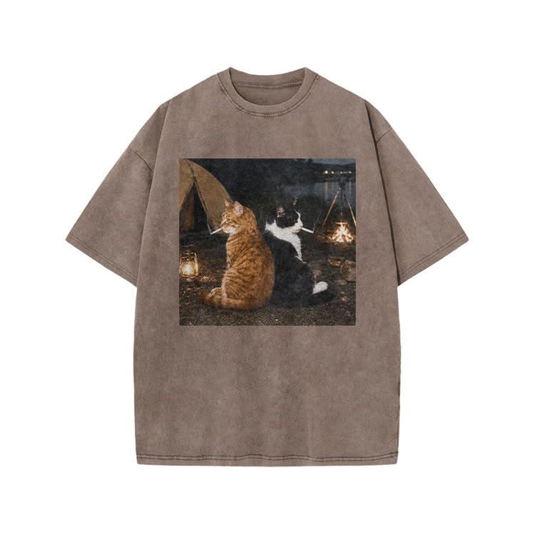 Vintage Camping Cats Graphic Print Acid Washed T-shirt