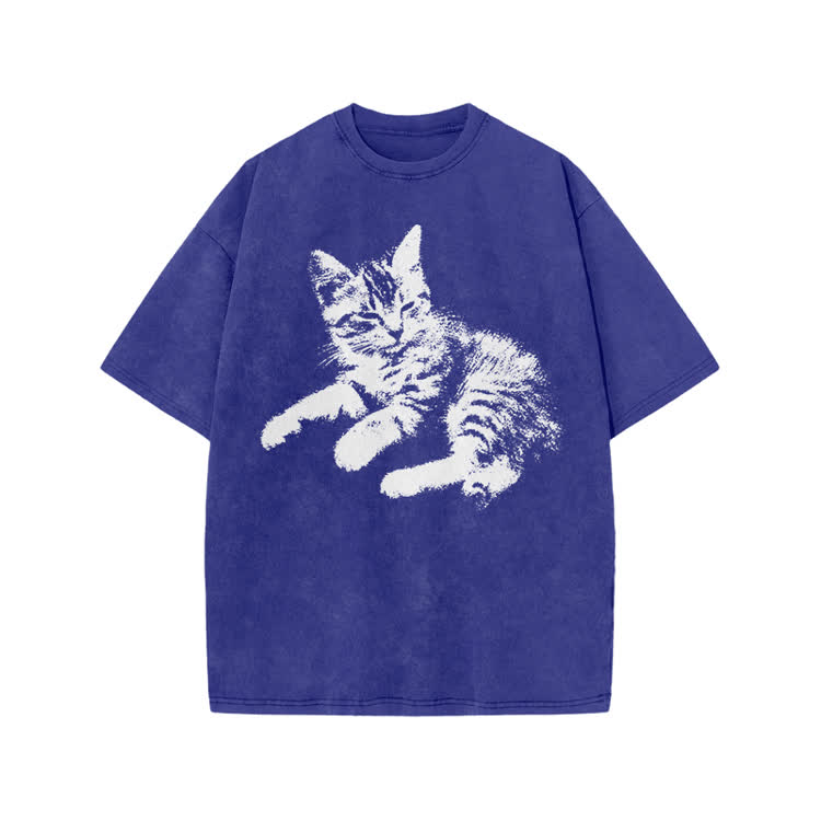 Vintage Cat Graphic Print Acid Washed T-shirt
