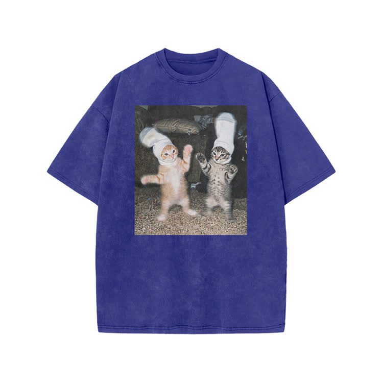Vintage Photo Cute Twin Cat Graphic Print Acid Washed T-Shirt