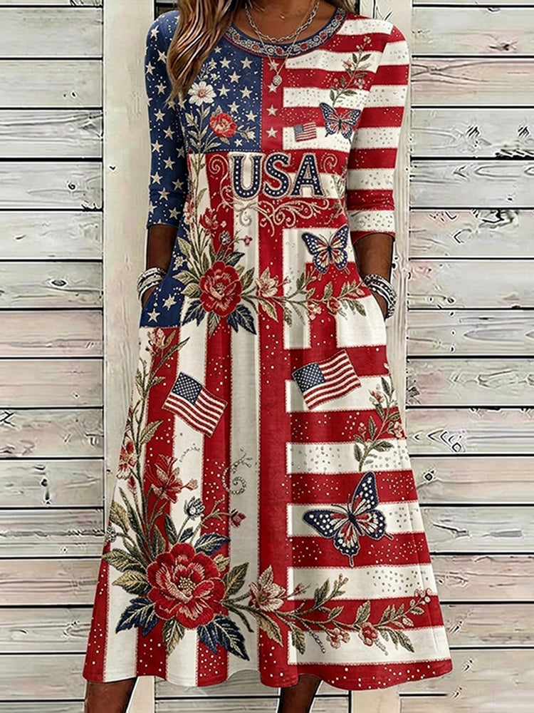Women's Vintage Anniversary Flag Flower Art Print Linen Blend Midi Dress