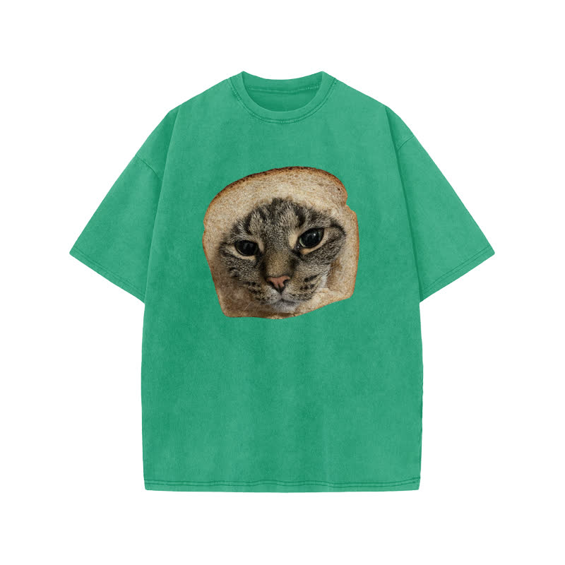 Unisex Toast Cat Print Acid Washed T-shirt