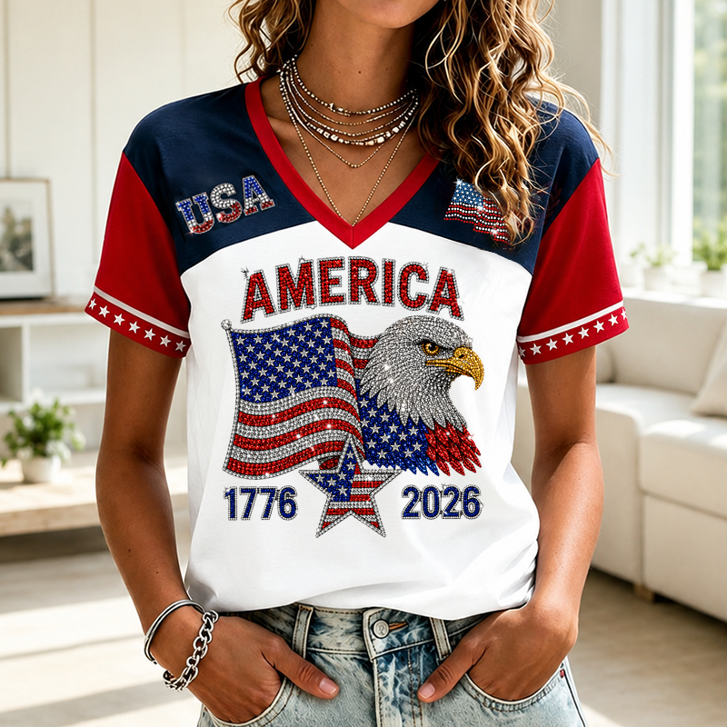 Women's American Flag Art Sequin Casual V-neck Short Sleeve Top