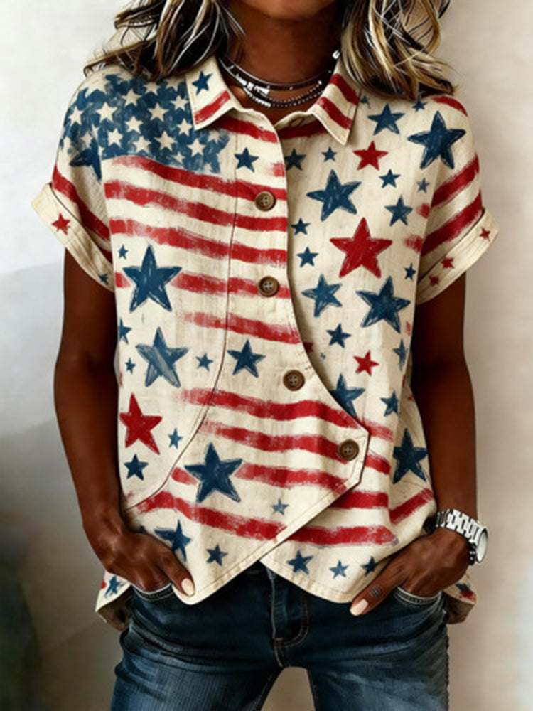 Women's Retro Star Flag Art Irregular Shirt