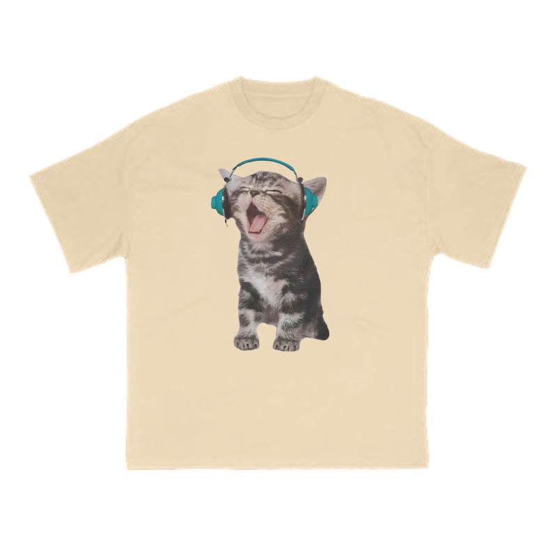 Funny Tabby Cat Wearing Headphones Print T-shirt