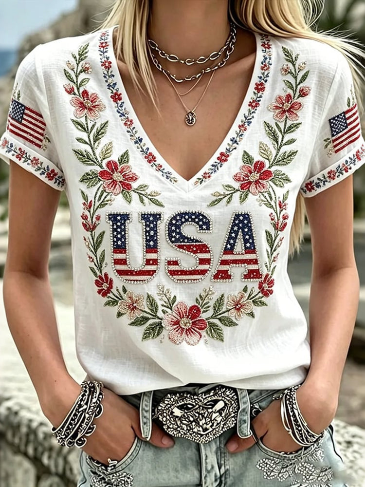 Women's Vintage Anniversary Flower Art Print V Neck Linen Blend Casual T-shirt