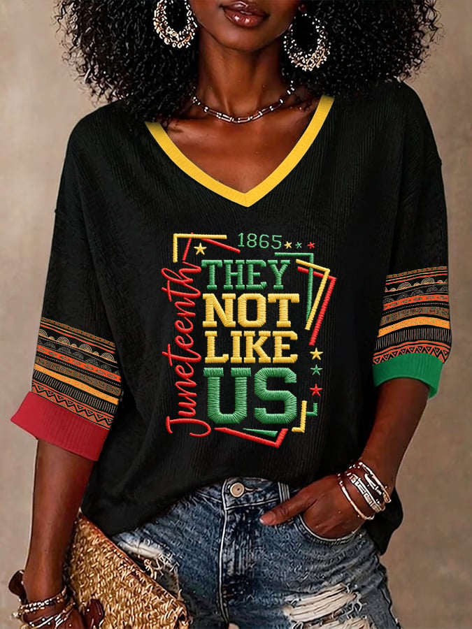 Women's Black Juneteenth THEY NOT LIKE US Print Waffle Fabric Long-sleeved T-shirt