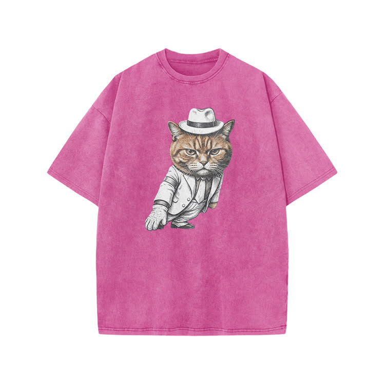 Vintage Gentleman Cat Graphic Print Acid Washed T-shirt