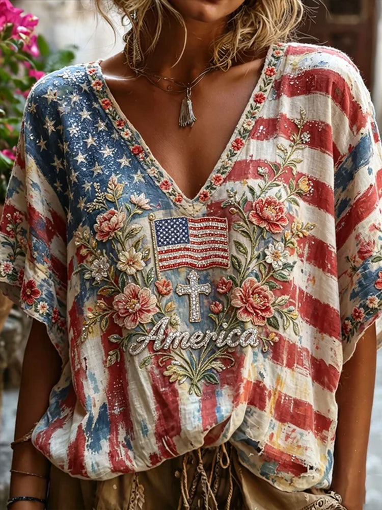 Retro American Flag And Floral Art Embroidered Rhinestone Cotton Linen V-neck Short Sleeve Top