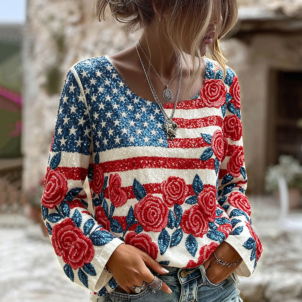 Usa Glitter Flag With Flowers Art Long Sleeve T Shirt