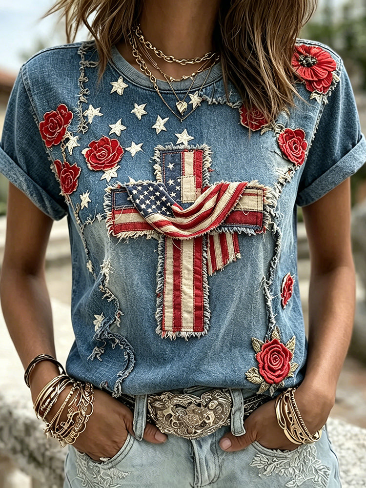 Women's Retro Independence Day Faith Cross With Flag Patchwork T-shirt