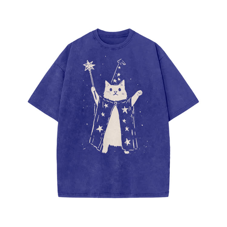 Vintage Wizard Cat Graphic Print Acid Washed T-shirt