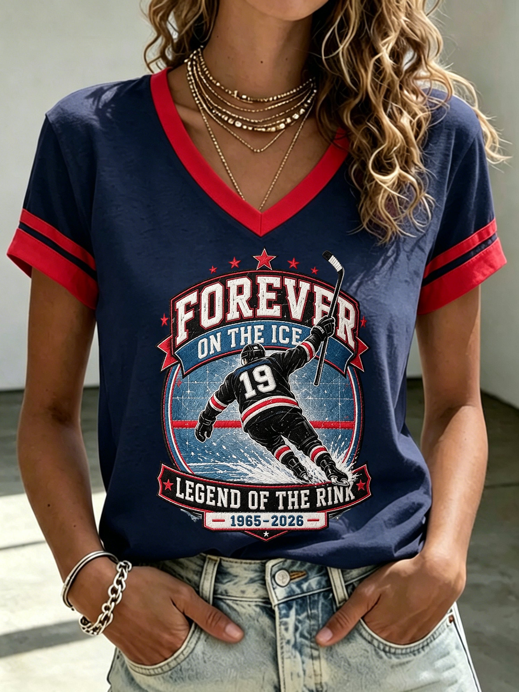 Women's Hockey Heritage Print V Neck T-shirt
