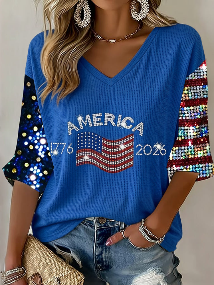 Women's Retro Independence Day Flag Art V Neck Linen Tops