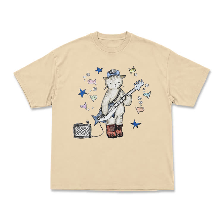 Artistic Star and Fish Guitar Cat Illustration T-Shirt