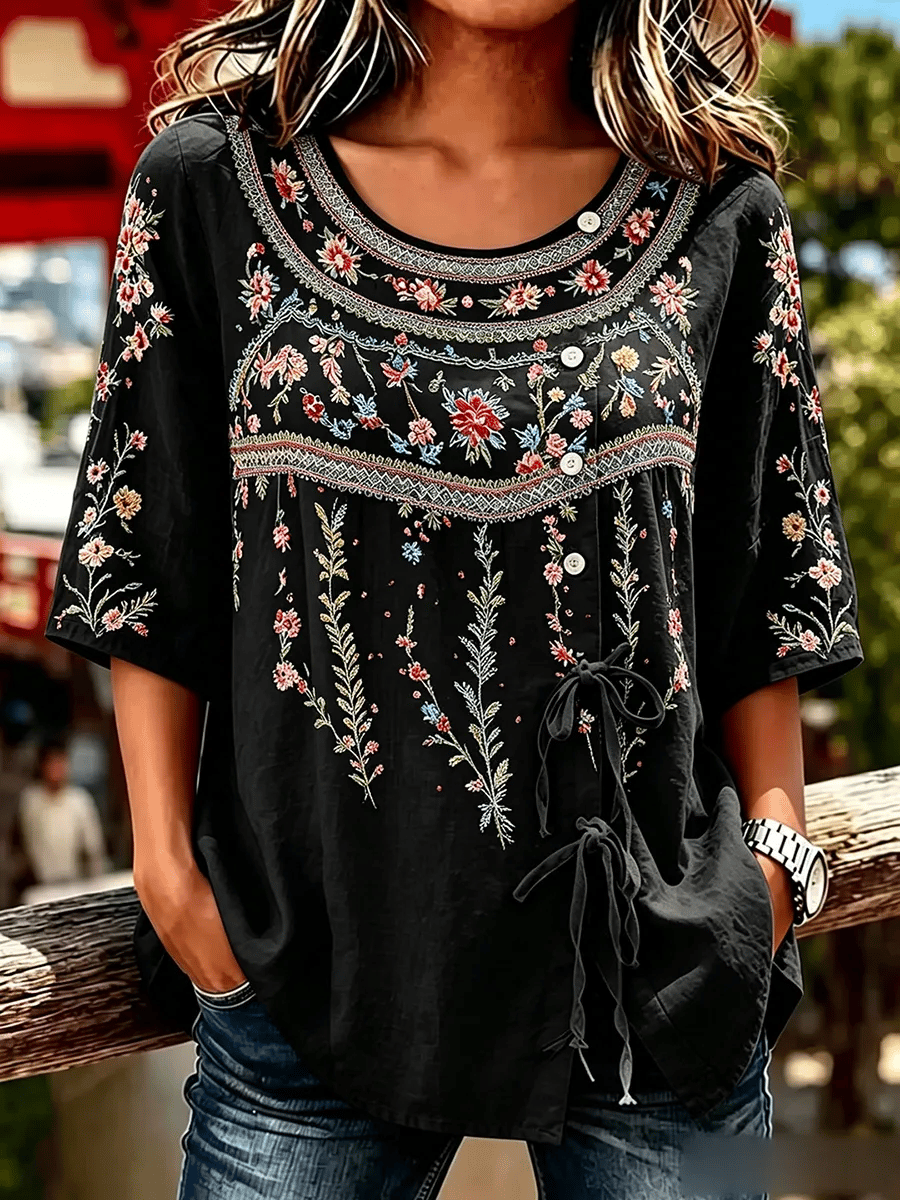 Women's  Retro Breast Cancer Floral Print Button Lace Up Tie Shirt